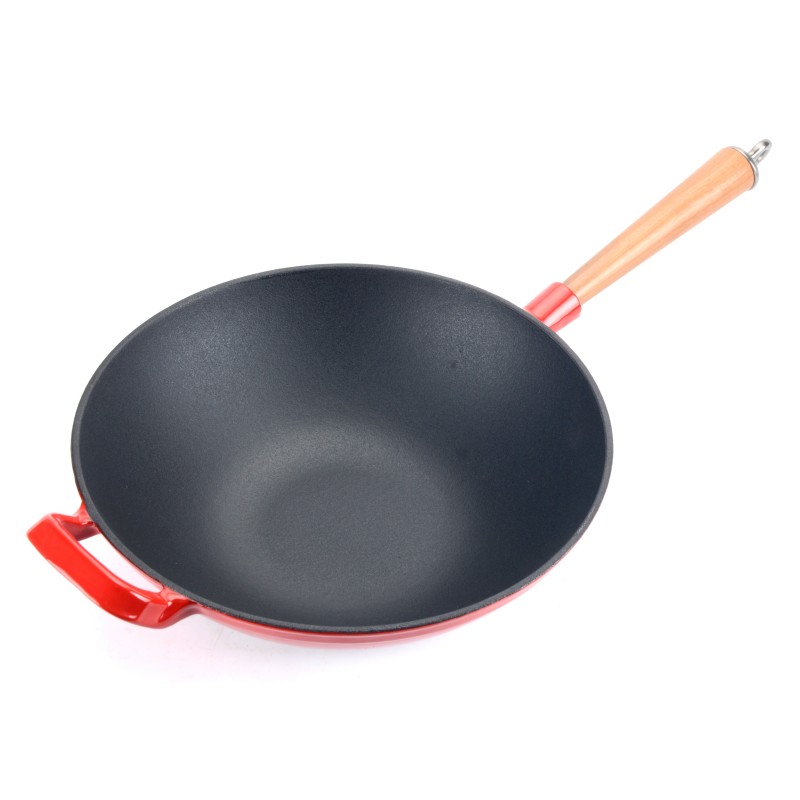 Elimowany wok żeliwny z drewnianą rączką