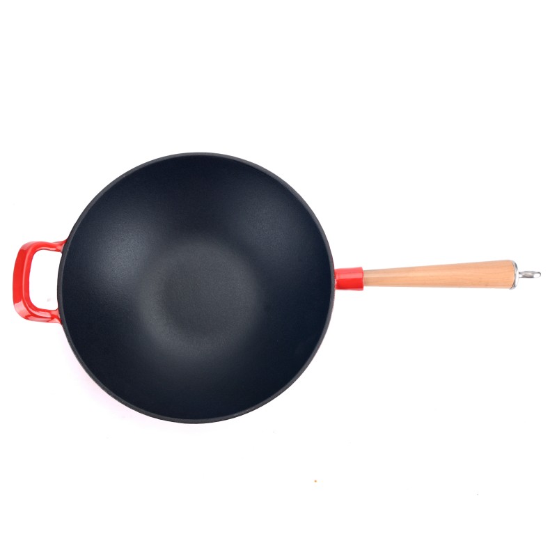 Elimowany wok żeliwny z drewnianą rączką