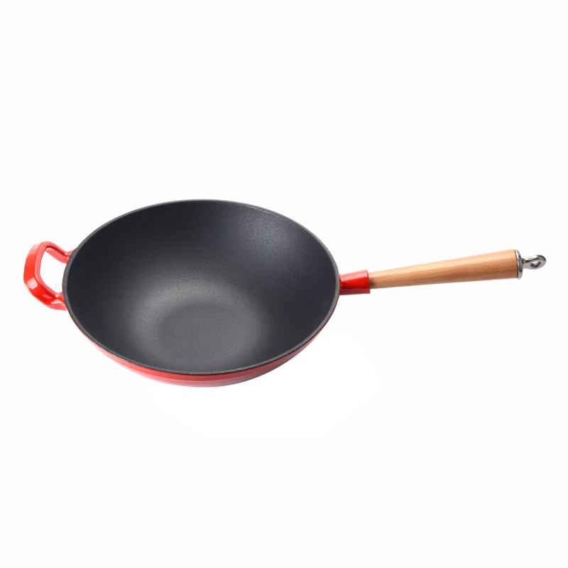 Elimowany wok żeliwny z drewnianą rączką