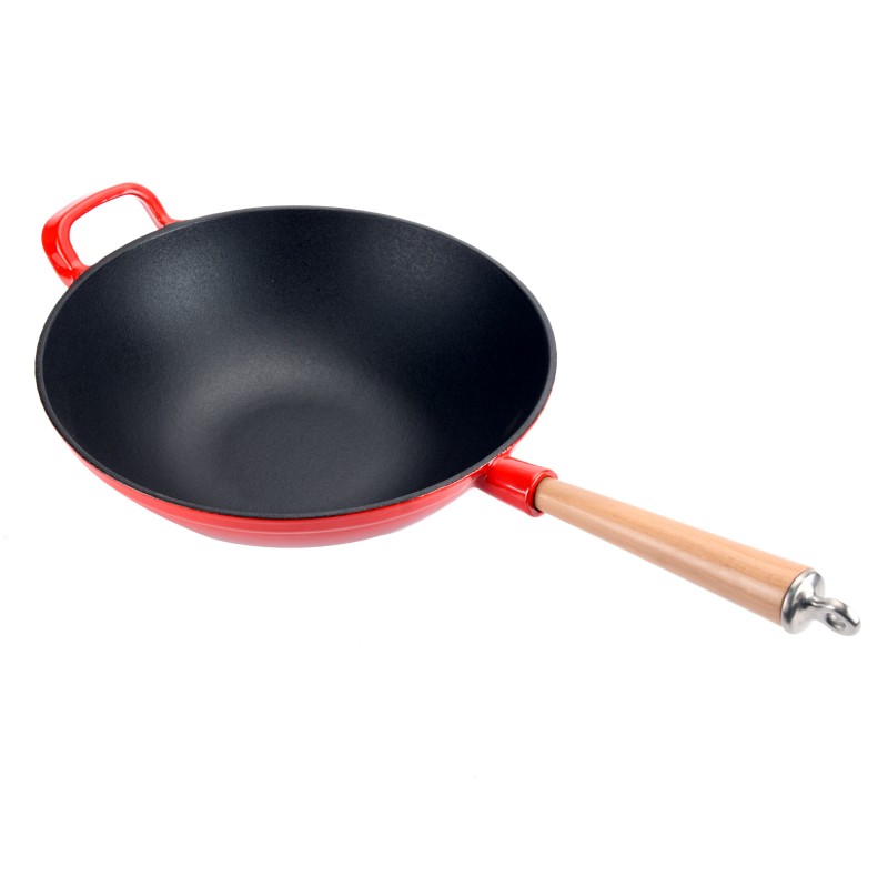 Elimowany wok żeliwny z drewnianą rączką