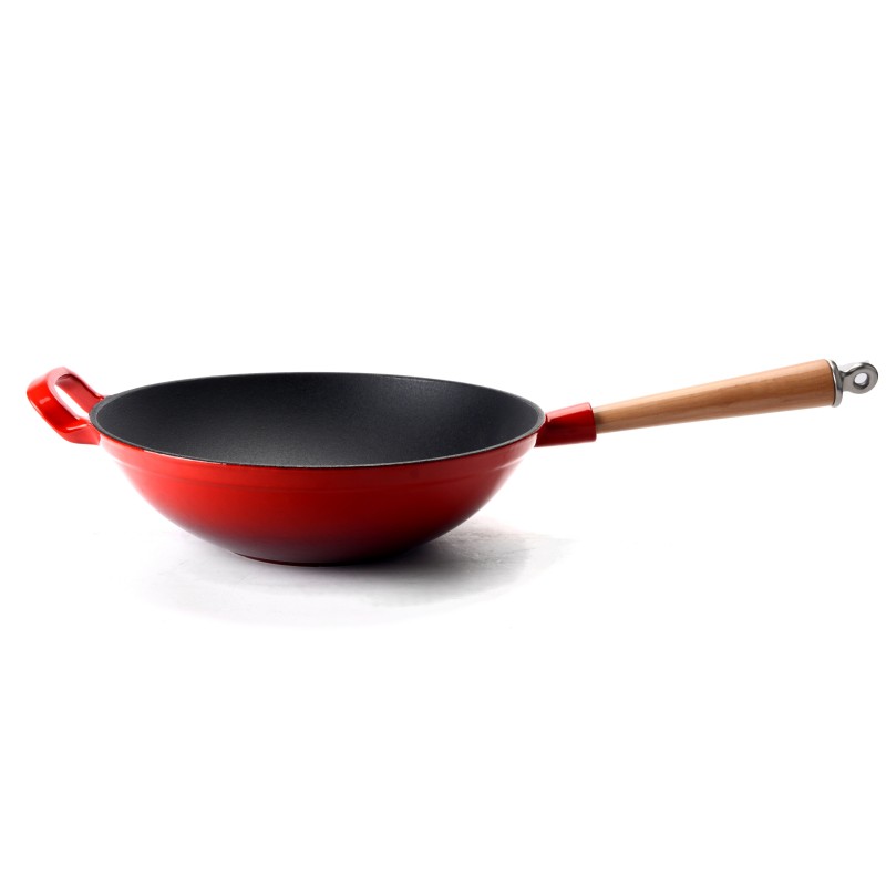 Elimowany wok żeliwny z drewnianą rączką