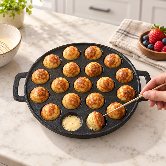 Wstępnie sezonowana patelnia żeliwna Aebleskiver z podw&oacute;jnym uchwytem