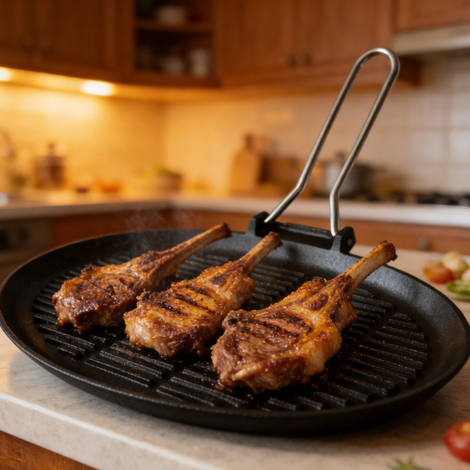 Żeliwna patelnia grillowa z uchwytem ze stali nierdzewnej