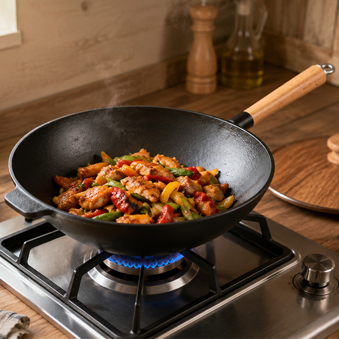 Wok z pojedynczego uchwytu, 31 cm, wstępnie sezonowany, żeliwny