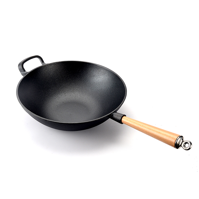 Ciężki żeliwny chiński wok z odłączaną drewnianą rączką i grubą żeliwną patelnią o płaskim dnie