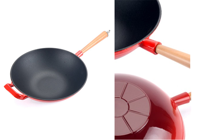 Wok z emaliowanego żeliwa z drewnianą rączką