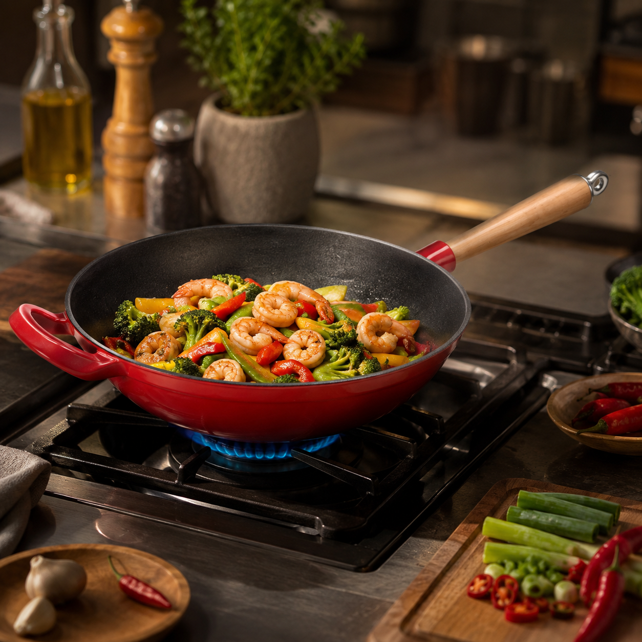 Elimowany wok żeliwny z drewnianą rączką