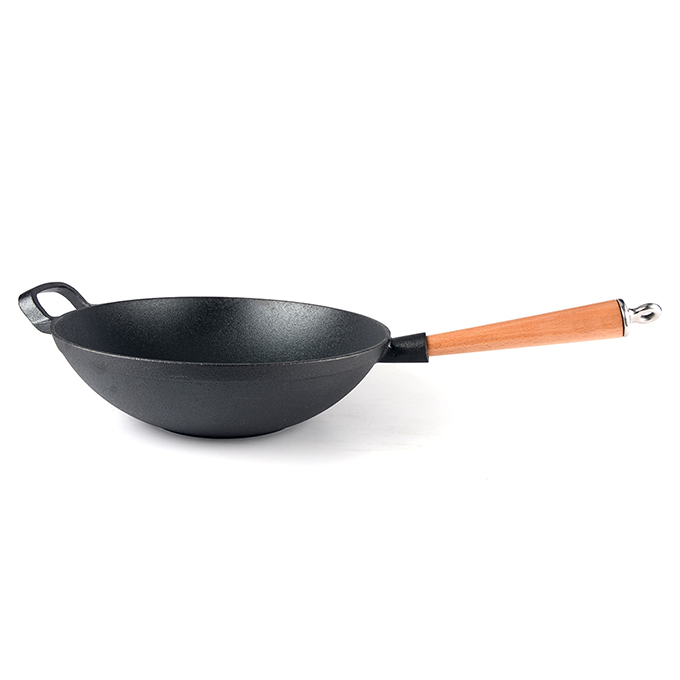 Ciężki żeliwny chiński wok z odłączaną drewnianą rączką i grubą żeliwną patelnią o płaskim dnie